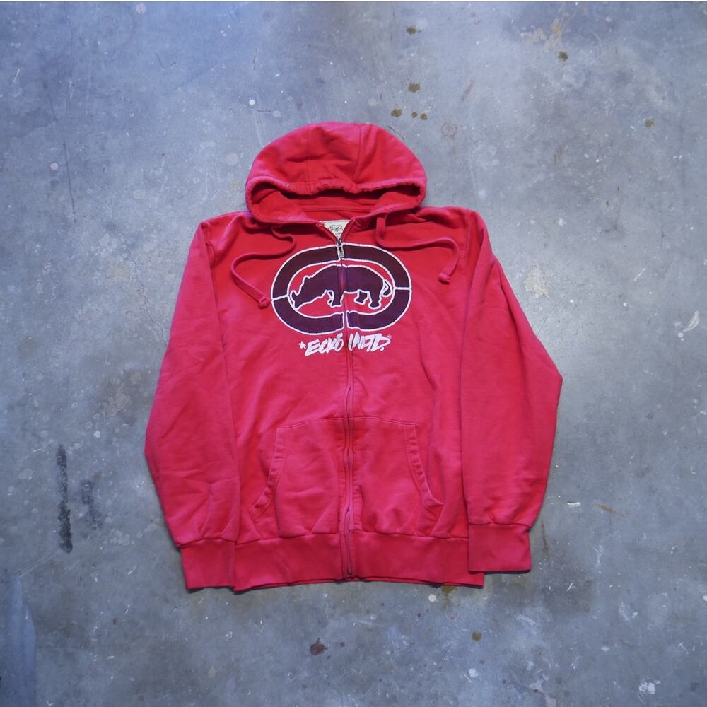 Ecko Unltd Red Full Zip Up Hoodie Sweatshirt Womens Size Medium Skater Grunge